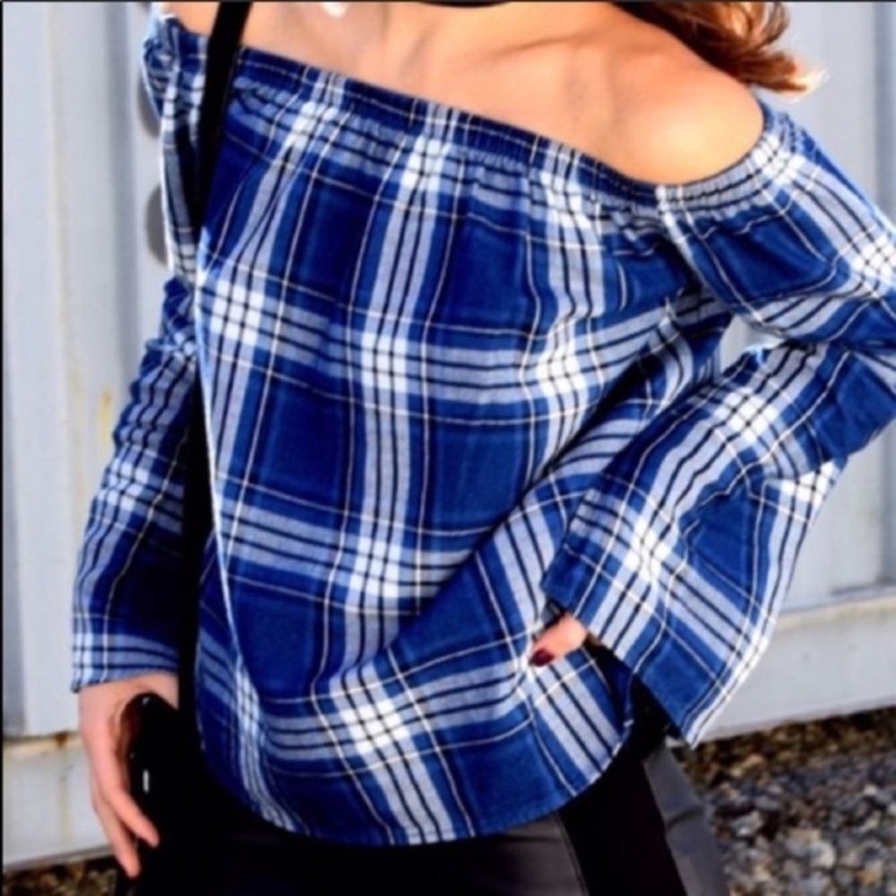 Anthropologie Cloth & Stone Blue Plaid Off The Shoulder Top Flannel Womens XS